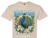 The image is a graphic design printed on a tan t-shirt. The design features a peacock with its tail feathers spread open in a fan shape. The peacock is predominantly blue and green with iridescent accents.

Surrounding the peacock is a lush arrangement of bamboo stalks, white flowers with delicate petals, and small clusters of blue flowers. In the foreground, arranged in a semi-circle around the peacock's feet, are four Mahjong tiles. These tiles display distinct symbols: one with bamboo stalks, one with a blue floral pattern, and two with white floral motifs on a light background.

Above the peacock, in large, stylized blue lettering with a light gradient and a dark outline, is the word "MAHJONG". Below the Mahjong tiles, also in large, stylized lettering with a dark outline and a light yellow-white gradient, are the words "CRACKS - DOTS - BAMS".

The overall color palette is rich and vibrant, with the blues and greens of the peacock and Mahjong tiles contrasting with the natural greens of the bamboo, the whites of the flowers, and the beige of the t-shirt. The composition is centered, with the peacock and the word "MAHJONG" forming the primary focal points. The Mahjong tiles and floral elements add detail and context to the theme. The design has a detailed, illustrative quality. The t-shirt itself is a plain, short-sleeved crew neck.