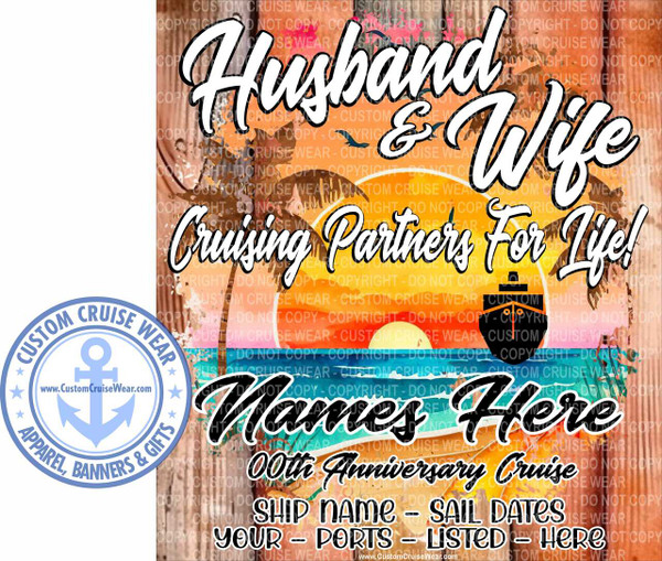 Husband and Wife Retro Beach on Wood Background Anniversary DOOR SIGN