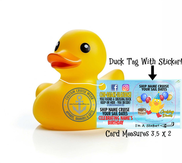 Business Card Size with Sticker - SET OF 24 - BIRTHDAY DUCK WITH CRUISE INFO