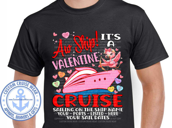 Black t-shirt with pink cruise ship and flamingo cupid Valentine's Day design, Aw Ship It's A Valentine Cruise.