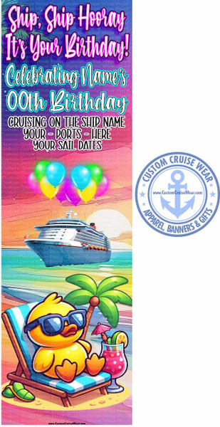 Ship, Ship Hooray Birthday Neon Beach with Cute Duck with Drink on Beach BANNER