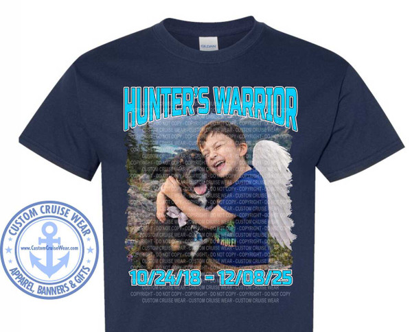 The image depicts a navy blue t-shirt. The central focus is a design printed on the shirt. This design consists of a photo of a young child, appearing to be a boy, holding a dog. The boy is smiling widely, suggesting a joyful interaction with the dog. Above the photo, the words "HUNTER'S WARRIOR" are displayed in a bold, stylized font, outlined in a light blue color with a white inner border. The words are arched slightly.

On either side of the boy's head, white angel wings have been added to the image. Below the photo, the dates "10/24/18 - 12/08/25" are printed in the same light blue, stylized font as the text above, also outlined in white. These dates likely represent a period of time, perhaps a birth and passing date.