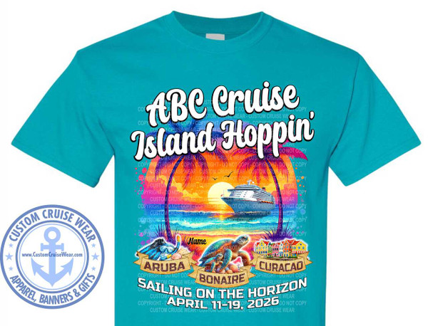 The image is a graphic design for a t-shirt, printed on a bright turquoise shirt. The design features a vibrant tropical scene at sunset, with palm trees silhouetted against an orange and pink sky. A large cruise ship is depicted sailing on calm water. Below the scene, there are three labels with island names: Aruba, Bonaire, and Curacao, each with a small graphic representation. Aruba has a snorkel and mask with seashells, Bonaire has a sea turtle and its young, and Curacao has colorful buildings. The main text at the top reads "ABC Cruise" in large, white, bubbly letters with a black outline, followed by "Island Hoppin'" in a similar script font. Below the island names, in a bold white font, it says "SAILING ON THE HORIZON" and then "APRIL 11-19, 2026". There is also a placeholder for "Name" above the islands. In the lower left corner of the shirt, there is a circular logo with an anchor in the center and the words "CUSTOM CRUISE WEAR APPAREL, BANNERS & GIFTS" around it in shades of blue and white. The entire design is overlaid with a subtle, repeating watermark of "COPYRIGHT DO NOT COPY CUSTOM CRUISE WEAR". The overall color palette is bright and cheerful, dominated by the turquoise of the shirt, the warm tones of the sunset, and the blues and whites of the graphics and text. The composition is layered, with the text and scenic elements arranged to draw the eye towards the center of the shirt.