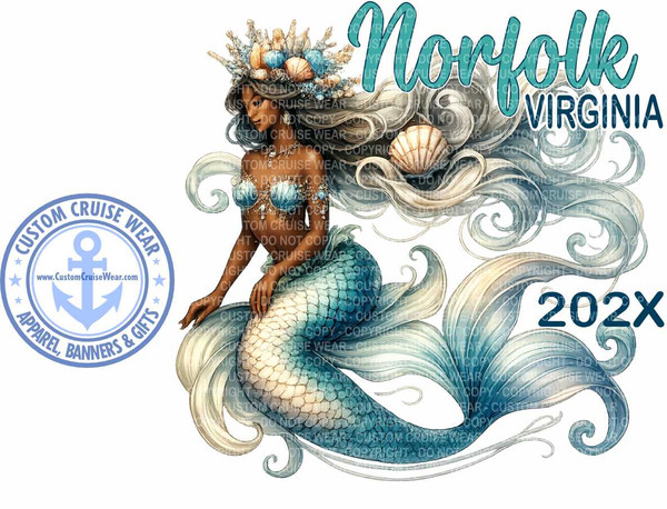 The image is a digitally created illustration on a white background, featuring a mermaid, text, and a circular logo. The main subject is a detailed, artfully drawn mermaid with a human torso and a fish tail. She has long, flowing, wavy hair in shades of silver and pale blonde, styled with curls and tendrils. On her head, she wears an elaborate headdress adorned with shells and what appear to be small coral pieces, in light brown, beige, and pale blue hues. Her skin tone is a warm, olive hue. She wears a decorative bikini top made of layered blue shells and shimmering fabric. Her tail is covered in large, iridescent scales that transition from a pale beige near her waist to a spectrum of blues, teals, and aquamarines towards the fin, with a faint pearlescent sheen.

The mermaid is positioned on the right side of the image, looking towards the left. Her body curves, with her tail fanning out and wrapping around her lower body and to the left. Her left arm rests on her thigh, and her right arm is bent, with her hand resting near her tail.

Prominently displayed in the upper right portion of the image is the text "Norfolk" in a large, flowing, stylized teal font, followed by "VIRGINIA" in a smaller, sans-serif font, also in teal. To the lower right of the mermaid's tail, the number "202X" is written in large, bold, dark blue characters.

On the left side of the image is a circular logo with a blue border. Inside the border, at the top, is the text "CUSTOM CRUISE WEAR" in white capital letters. Beneath this, centered, is a stylized blue anchor with a circle around it. Below the anchor, the website "www.CustomCruiseWear.com" is written in blue text. The bottom arc of the circular logo contains the text "APPAREL, BANNERS & GIFTS" in white capital letters. The logo is surrounded by small, white, five-pointed stars.

The overall color palette is dominated by blues, teals, aquamarines, silver, and pale golds, evoking a maritime and mystical theme. The composition places the mermaid and the text prominently, with the logo providing branding information. The illustration style is detailed and refined, suggesting it might be intended for merchandise or promotional use. Numerous watermarks, such as "CUSTOM CRUISE WEAR" and "DO NOT COPY," are subtly overlaid across the image, particularly on the mermaid and the background, indicating it is a protected design.