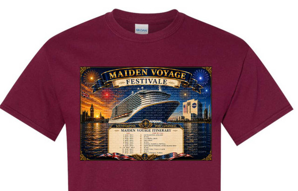 The image displays a maroon t-shirt with a large, detailed graphic printed on its front. The graphic is a rectangular design with a dark blue, ornate border featuring gold filigree and various nautical and celebratory elements.

The central element of the graphic is a large, modern cruise ship sailing on calm water. The ship is white with multiple decks and prominent railings, and appears to be lit up. Behind the ship, on the left side of the graphic, is a silhouette of the London skyline, featuring Big Ben and other recognizable buildings, with the Union Jack flag flying in the foreground. On the right side, a modern city skyline is depicted, with towering buildings, one of which prominently displays the NASA logo. The sky is a dramatic sunset or sunrise, transitioning from a warm orange and yellow near the horizon to a deep blue and purple at the top, punctuated by bursts of colorful fireworks.

Across the top of the graphic, on a dark blue banner with gold trim, are the words "MAIDEN VOYAGE FESTIVALE" in a decorative, golden font. The word "FESTIVALE" is slightly smaller and positioned below "MAIDEN VOYAGE".

Below the cruise ship, a stylized compass rose is integrated into the design. Further down, a detailed itinerary is presented in a table format. The table has columns for "DATE" and "PORT OF CALL". The itinerary lists specific dates in May 2027 and corresponding ports of call, including Southampton, England; La Coruña, Spain; Vigo, Spain; Funchal, Madeira, Portugal; Santa Cruz de Tenerife, Canary Islands, Spain; Grand Turk, Turks & Caicos; and finally, Port Canaveral, Florida.

The bottom of the graphic features a band with a white anchor motif and another depiction of the Union Jack flag. The entire graphic is overlaid with a repeating, semi-transparent watermark that reads "CUSTOM CRUISE WEAR COPYRIGHT - DO NOT COPY".

The t-shirt itself is a standard crew neck, short-sleeved garment. The color is a deep, rich maroon or burgundy. A small "GILDAN" logo is visible on the inside of the collar, indicating the brand of the t-shirt. The graphic is centered on the chest area of the t-shirt. The composition of the graphic is elaborate, with multiple layers and elements that create a sense of depth and excitement, drawing the viewer's eye through the narrative of the voyage.