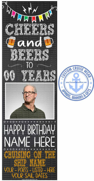 The image is a digital banner with a chalkboard background. The banner is vertically oriented and divided into several sections with text and graphics.

The top section features a string of colorful pennant flags and lightning bolt graphics, reminiscent of a celebration. Below this, large, stylized text in a chalk-like font reads "CHEERS and BEERS TO 00 YEARS". The numbers "00" are particularly prominent.

In the middle of the banner, a section displays a man with glasses and a grey beard, wearing a dark green collared shirt. He is looking slightly to his left with a neutral expression.

To the right of the man, there is a circular logo for "CUSTOM CRUISE WEAR" with an anchor symbol in the center and the text "APPAREL, BANNERS & GIFTS" around the perimeter.

The bottom section of the banner contains more text in various colors and fonts, presented as if for personalization. It reads "HAPPY BIRTHDAY NAME HERE", followed by "CRUISING ON THE SHIP NAME", and finally "YOUR - PORTS - LISTED - HERE YOUR SAIL DATES". The text for "CRUISING ON THE SHIP NAME" is in a textured golden-yellow font, while other text is in white. Small white circles are arranged as decorative dividers between some lines of text. The website "www.CustomCruiseWear.com" appears at the very bottom.

The overall color scheme is dominated by the black chalkboard background, with white and yellow text, and colorful pennants. The image has a celebratory and personalized feel, likely for a birthday or anniversary related to cruising. There are watermark-like repetitions of "Custom Cruise Wear Proof" faintly visible across the entire background, indicating a proof image.