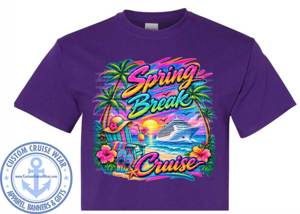 The image displays a vibrant graphic design printed on a purple t-shirt. The graphic depicts a tropical beach scene associated with a cruise vacation. The design is centered on the chest of the t-shirt.

The scene features a sandy beach with turquoise blue water and gentle waves. A large white cruise ship is prominently sailing on the ocean. The sky above is a colorful gradient of orange, pink, and yellow, suggesting a sunset or sunrise. Two palm trees frame the scene on either side, their fronds depicted in shades of green and yellow.

In the foreground, a lounge chair is placed on the sand, adorned with a straw hat, a bright pink hibiscus flower, and a tropical drink with a straw and umbrella. Nearby, a pair of flip-flops and a starfish rest on the sand.

The text within the graphic reads "Spring Break" in a large, stylized font that transitions through various bright colors like pink, yellow, blue, and green. Below this, the word "Cruise" is written in a similar, bold, colorful font, predominantly in pink and yellow hues. The overall effect of the text is energetic and festive.

The composition places the text and the scenic elements in a harmonious arrangement, with the cruise ship as a focal point on the right side of the image. The colors are saturated and tropical, emphasizing a feeling of relaxation and vacation. The t-shirt itself is a deep purple color, which makes the bright colors of the graphic pop.

In the lower left corner of the t-shirt, there is a circular logo that reads "CUSTOM CRUISE WEAR" around the top edge, and "APPAREL, BANNERS & GIFTS" along the bottom curved edge. The center of this logo features a stylized anchor within a circle, and below it the website address "www.CustomCruiseWear.com". This logo appears to be a watermark or branding element.

Subtle details include the reflections of the palm trees in the water, the foam on the waves, and the shadows cast by the lounge chair and flip-flops. The graphic has a slightly retro, airbrushed quality to its coloring and shading.