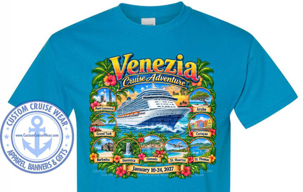 The image is of a light blue t-shirt with a vibrant graphic printed on the front. The graphic depicts a "Venezia Cruise Adventure" with various tropical destinations and a large cruise ship as the central element.

The text "Venezia Cruise Adventure" is prominently displayed at the top in a large, stylized, golden font with a slight yellow-orange gradient. Below this, the word "Venezia" has a subtle shadow effect, and the word "Adventure" is written in a script font. Above the cruise ship, a small ribbon says "Name Here".

The main visual element is a large, white cruise ship sailing on a blue, wavy ocean. The ship has many decks, windows, and balconies, and appears to be a modern, large vessel. The ocean water is depicted with whitecaps and foam.

Surrounding the cruise ship and the title are a series of circular vignettes, each showcasing a different port of call. These vignettes are framed by lush green palm fronds and bright, tropical flowers, primarily hibiscus in shades of pink and orange. The framing creates a wreath-like effect.

The ports of call, from left to right and top to bottom, are:
1.  Port Canaveral: Depicts a rocket launch scene with smoke ascending into a blue sky.
2.  Aruba: Shows a lone, distinctive tree with a rounded canopy, set against a background of sand and sea.
3.  Grand Turk: Features a thatched-roof hut on a sandy beach with clear blue water.
4.  Curacao: Illustrates colorful, colonial-style buildings lining a waterfront, with a bright blue sky.
5.  Barbados: Shows a beautiful sandy beach with palm trees and a waterfall in the background.
6.  Dominica: Presents a lush jungle scene with a cascading waterfall and tropical foliage.
7.  Grenada: Displays a picturesque beach scene with palm trees and boats on the water.
8.  St. Maarten: Features an airplane flying low over a beach with palm trees.
9.  St. Thomas: Shows a vibrant harbor scene with colorful buildings, palm trees, and boats.

Below the vignettes, a golden banner with a slightly distressed texture displays the text "January 10-24, 2027" in a dark font.

In the lower left corner of the t-shirt, outside the main graphic, is a circular logo that reads "CUSTOM CRUISE WEAR" around the edge, with an anchor symbol in the center. Below the anchor, it says "www.CustomCruiseWear.com". The bottom arc of the circle reads "APPAREL, BANNERS & GIFTS". The logo is in shades of blue and white.

The overall color palette is rich and tropical, with bright blues for the ocean and sky, greens for foliage, and vibrant pinks and oranges for the flowers. The golden text and banner add a touch of luxury. The composition is busy and detailed, designed to showcase the exciting nature of a cruise adventure. The t-shirt itself is a solid, medium-toned blue.