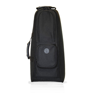 Black backpack-style bagpipe case with padded straps and multiple compartments