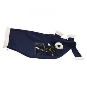 Velveteen bagpipe bag cover with zipper underbelly and trim detail