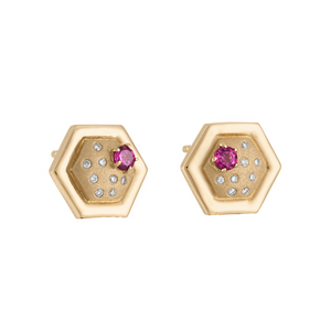 Favo Stud Earrings with Rhodolite Garnet and Diamonds