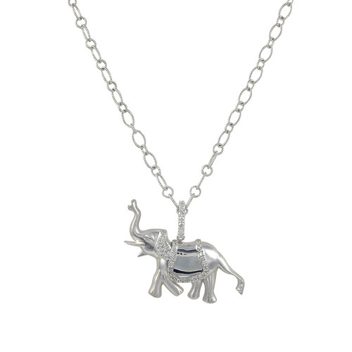 Lucky Elephant Pendant in 14K White Gold and Diamonds on a Cable Chain