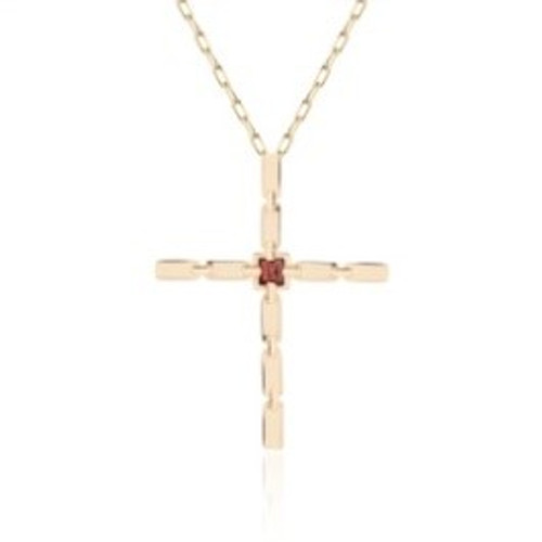 Marcello Thin Cross with Garnet in 14K Yellow Gold