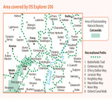 Rear orange cover of OS Explorer Map 206 Edge Hill & Fenny Compton showing the area covered by the map