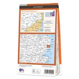 Rear orange cover of OS Explorer Map 212 Woodbridge and Saxmundham showing the area covered by the map and the wider area