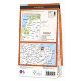 Rear orange cover of OS Explorer Map 250 Norfolk Coast West showing the area covered by the map and the wider area