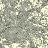 Close up of Authentic reproduction of Ordnance Survey map of Manchester 1896-1904 with a yellow tint background Close up of Authentic reproduction of Ordnance Survey map of Manchester 1896-1904 with a yellow tint background