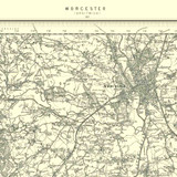 Close up of authentic reproduction of Ordnance Survey map of Worcester  1896-1904 with a yellow tint background