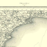 Close up of authentic reproduction of Ordnance Survey map of Pwllheli 1896-1904 with a yellow tint background