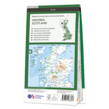 Dark green map back cover of OS Road 2 Map of Western Scotland, including the Western Isles showing the area covered by the map