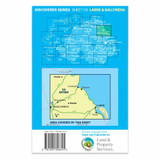 Blue back cover of OS Northern Ireland Discoverer Series Map of Larne: Discoverer 9 showing the area covered by the map and the wider area