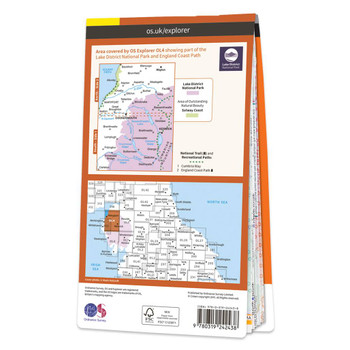 Rear orange cover of OS Explorer Map OL 4 The English Lakes, North-western area showing the area covered by the map and the wider area
