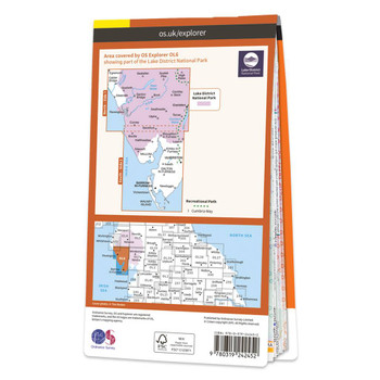 Rear orange cover of OS Explorer Map OL 6 The English Lakes South-Western Area showing the area covered by the map and the wider area