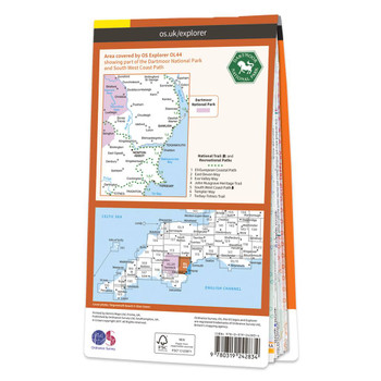 Rear orange cover of OS Explorer Map OL 44 Torquay & Dawlish showing the area covered by the map and the wider area