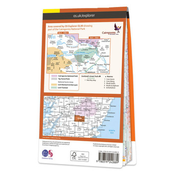 Rear orange cover of OS Explorer Map OL 49 Pitlochry & Loch Tummel showing the area covered by the map and the wider area