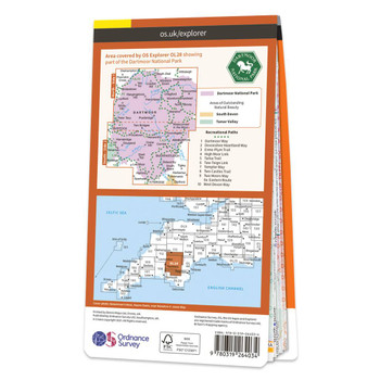 Rear orange cover of OS Explorer Map OL 28 Dartmoor showing the area covered by the map and the wider area