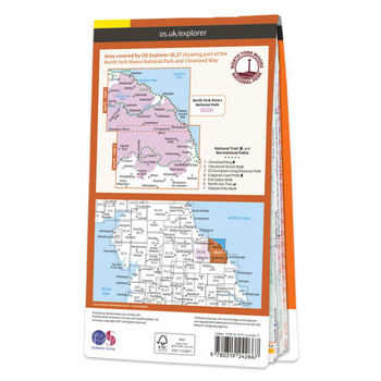 Rear orange cover of OS Explorer Map OL 27 North York Moors - Eastern area showing the area covered by the map and the wider area