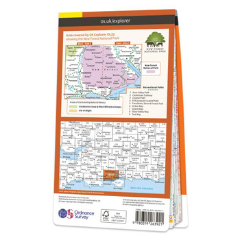 Rear orange cover of OS Explorer Map OL 22 New Forest showing the area covered by the map and the wider area