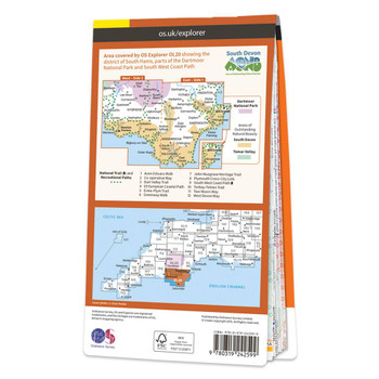 Rear orange cover of OS Explorer Map OL 20 South Devon showing the area covered by the map and the wider area