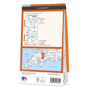 Rear orange cover of OS Explorer Map 114 Exeter & the Exe Valley showing the area covered by the map and the wider area