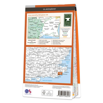 Rear orange cover of OS Explorer Map 125 Romney Marsh showing the area covered by the map and the wider area