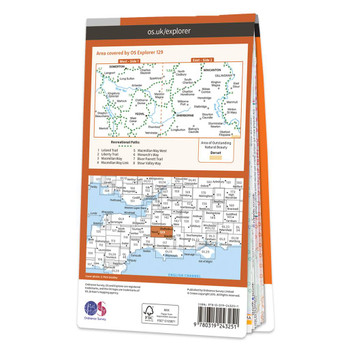 Rear orange cover of OS Explorer Map 129 Yeovil & Sherborne showing the area covered by the map and the wider area