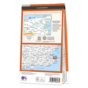Rear orange cover of OS Explorer Map 150 Canterbury & Isle of Thanet showing the area covered by the map and the wider area