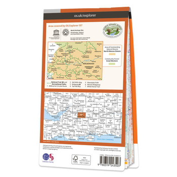 Rear orange cover of OS Explorer Map 157 Marlborough & Savernake Forest showing the area covered by the map and the wider area