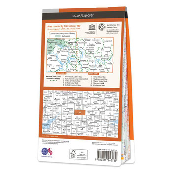 Rear orange cover of OS Explorer Map 180 Oxford showing the area covered by the map and the wider area