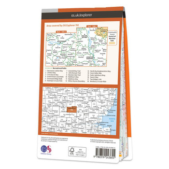 Rear orange cover of OS Explorer Map 192 Buckingham & Milton Keynes showing the area covered by the map and the wider area