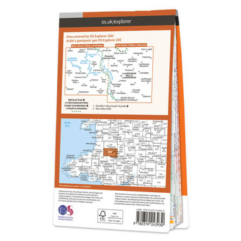 Rear orange cover of OS Explorer Map 200 Llandrindod Wells & Elan Valley showing the area covered by the map and the wider area