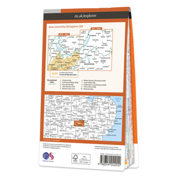 Rear orange cover of OS Explorer Map 208 Bedford & St Neots showing the area covered by the map and the wider area