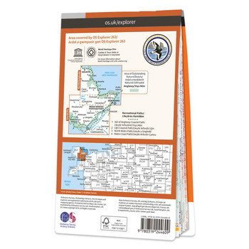 Rear orange cover of OS Explorer Map 263 Anglesey East showing the area covered by the map and the wider area