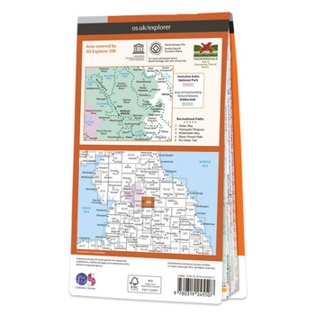 Rear orange cover of OS Explorer Map 298 Nidderdale showing the area covered by the map and the wider area