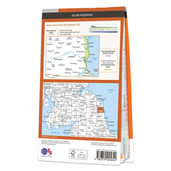 Rear orange cover of OS Explorer Map 332 Alnwick and Amble showing the area covered by the map and the wider area