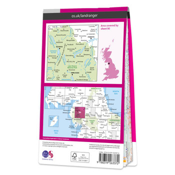 Rear pink cover of OS Landranger Map 90 Penrith & Keswick showing the area covered by the map and the wider area
