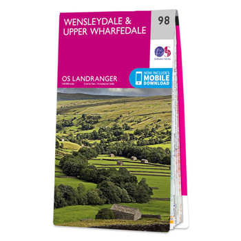 Pink front cover of OS Landranger Map 98 Wensleydale & Upper Wharfedale