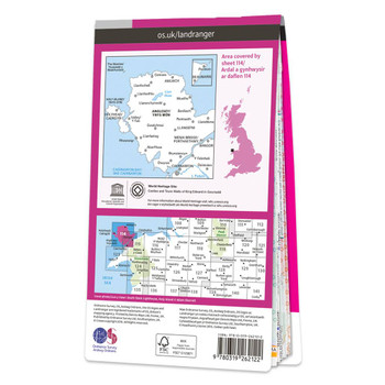 Rear pink cover of OS Landranger Map 114 Anglesey showing the area covered by the map and the wider area