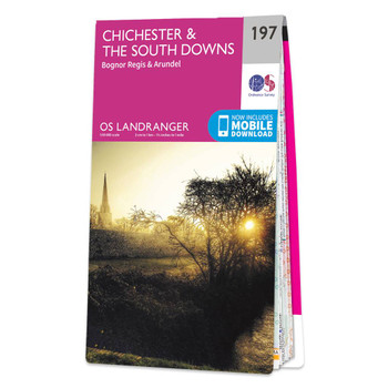 Pink front cover of OS Landranger Map 197 Chichester and the South Downs