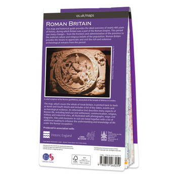 Purple back cover of the OS Historical Map of Roman Britain showing relief sculpture of Mithras from the Temple of Mithras in London